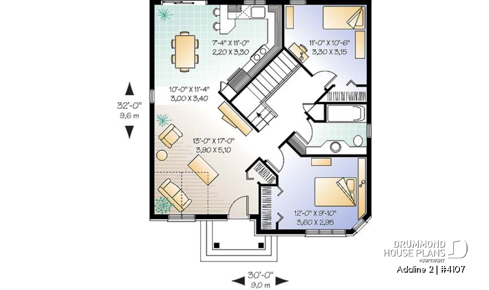 1st level - European style inspired one-storey house plan with 2 bedrooms, economical, cathedral ceiling - Adaline 2
