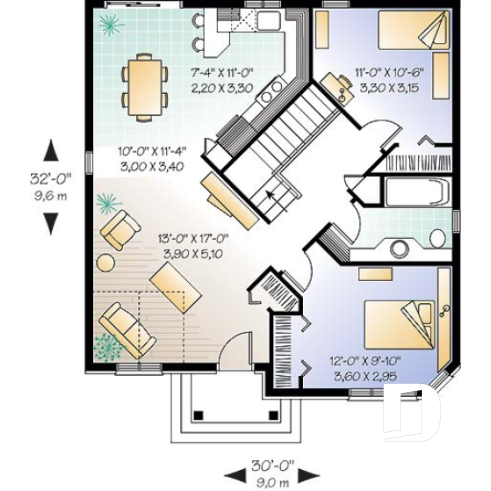 1st level - European style inspired one-storey house plan with 2 bedrooms, economical, cathedral ceiling - Adaline 2