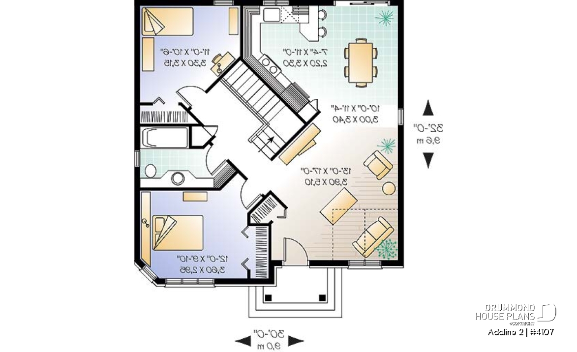 1st level - European style inspired one-storey house plan with 2 bedrooms, economical, cathedral ceiling - Adaline 2
