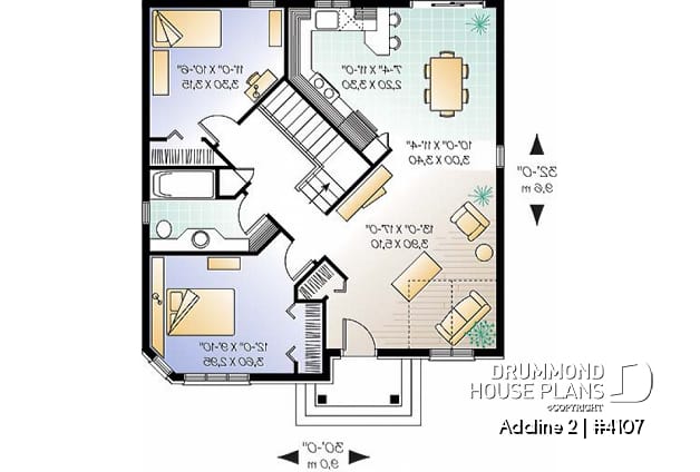 1st level - European style inspired one-storey house plan with 2 bedrooms, economical, cathedral ceiling - Adaline 2