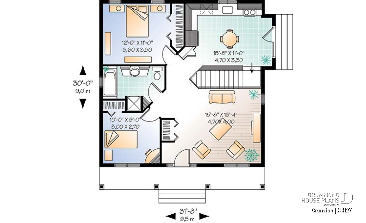 1st level - One-story low-budget house plan, 2 bedrooms, eat-in kitchen, unfinished daylight basement - Cranston