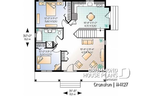 1st level - One-story low-budget house plan, 2 bedrooms, eat-in kitchen, unfinished daylight basement - Cranston