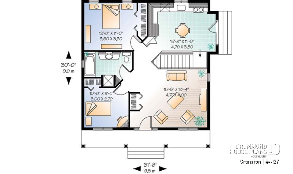1st level - One-story low-budget house plan, 2 bedrooms, eat-in kitchen, unfinished daylight basement - Cranston
