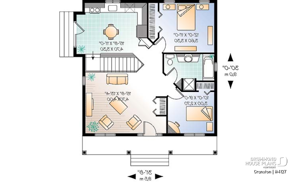 1st level - One-story low-budget house plan, 2 bedrooms, eat-in kitchen, unfinished daylight basement - Cranston