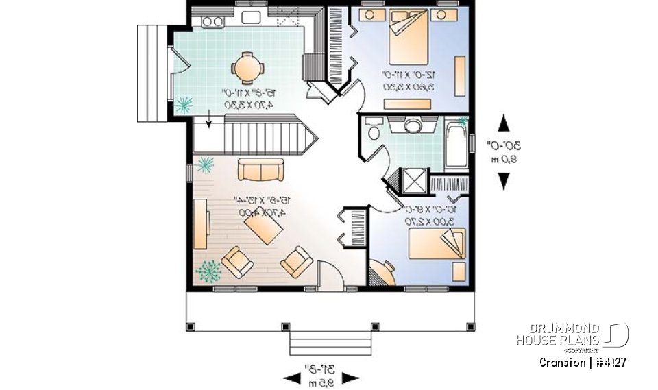 1st level - One-story low-budget house plan, 2 bedrooms, eat-in kitchen, unfinished daylight basement - Cranston
