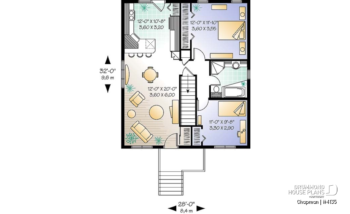 1st level - Rised foundation, one-storey house plan with 2 bedrooms, kitchen with lots of storage - Chapman