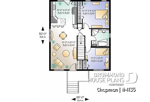 1st level - Rised foundation, one-storey house plan with 2 bedrooms, kitchen with lots of storage - Chapman