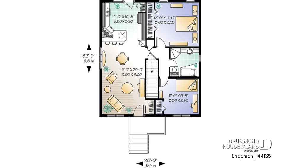 1st level - Rised foundation, one-storey house plan with 2 bedrooms, kitchen with lots of storage - Chapman