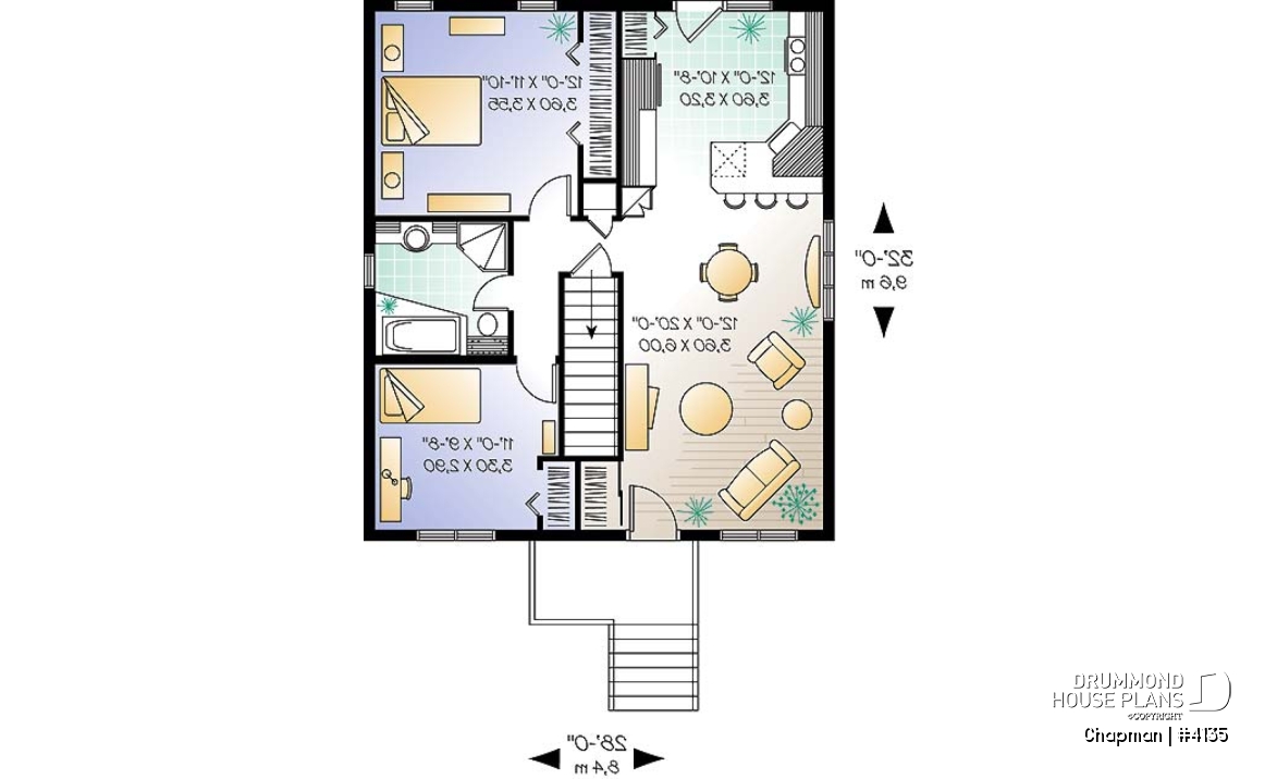 1st level - Rised foundation, one-storey house plan with 2 bedrooms, kitchen with lots of storage - Chapman