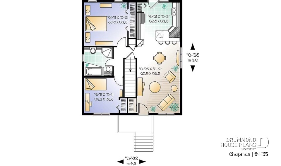 1st level - Rised foundation, one-storey house plan with 2 bedrooms, kitchen with lots of storage - Chapman