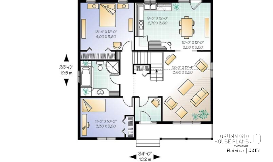 1st level - Small and affordable bungalow house plan, 2 bedrooms, cathedral ceiling, closed foyer - Fletcher