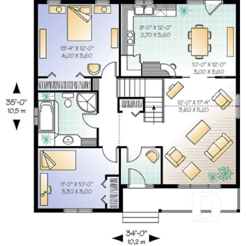 1st level - Small and affordable bungalow house plan, 2 bedrooms, cathedral ceiling, closed foyer - Fletcher