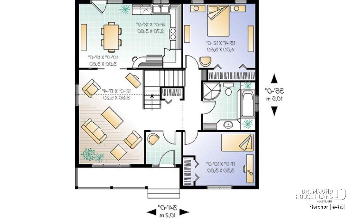 1st level - Small and affordable bungalow house plan, 2 bedrooms, cathedral ceiling, closed foyer - Fletcher