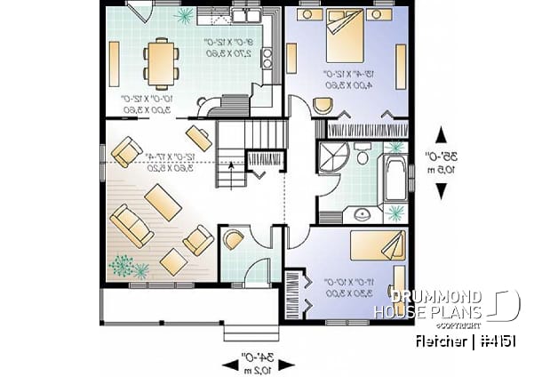 1st level - Small and affordable bungalow house plan, 2 bedrooms, cathedral ceiling, closed foyer - Fletcher
