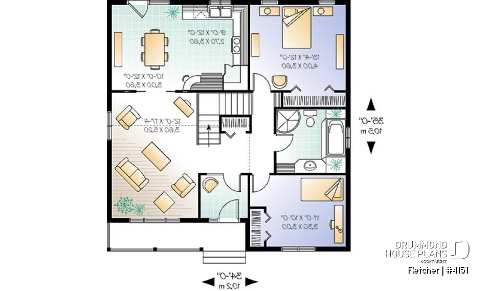 1st level - Small and affordable bungalow house plan, 2 bedrooms, cathedral ceiling, closed foyer - Fletcher