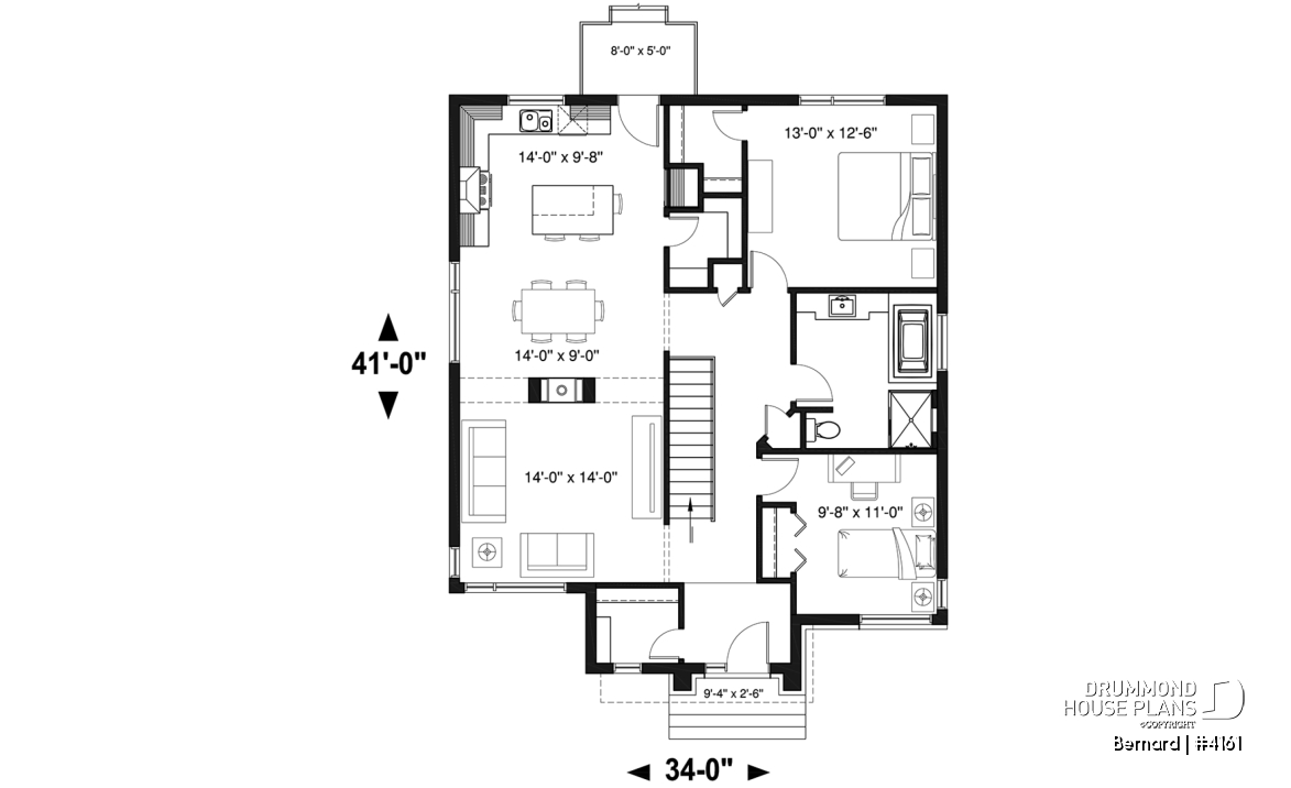1st level - One-story modern style 2 bedroom home with central fireplace,kitchen with pantry and large central island  - Bernard