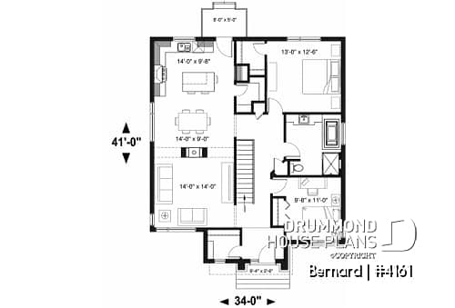 1st level - One-story modern style 2 bedroom home with central fireplace,kitchen with pantry and large central island  - Bernard
