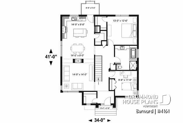 1st level - One-story modern style 2 bedroom home with central fireplace,kitchen with pantry and large central island  - Bernard