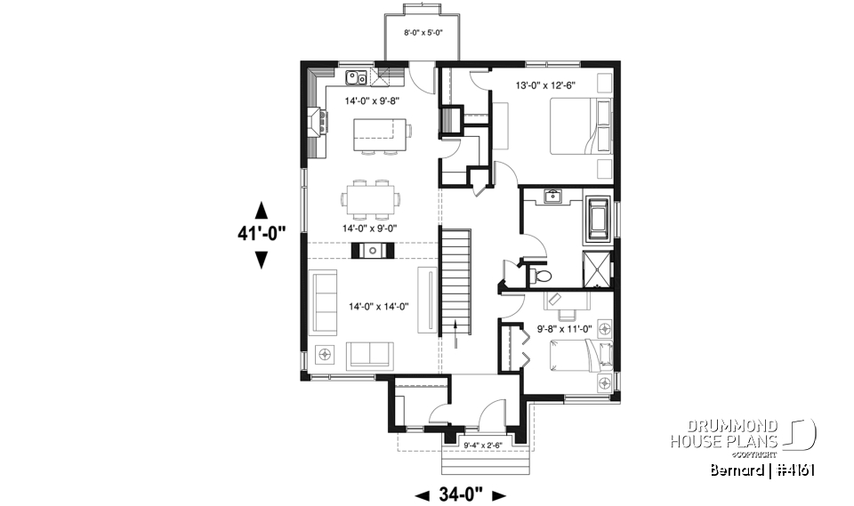 1st level - One-story modern style 2 bedroom home with central fireplace,kitchen with pantry and large central island  - Bernard