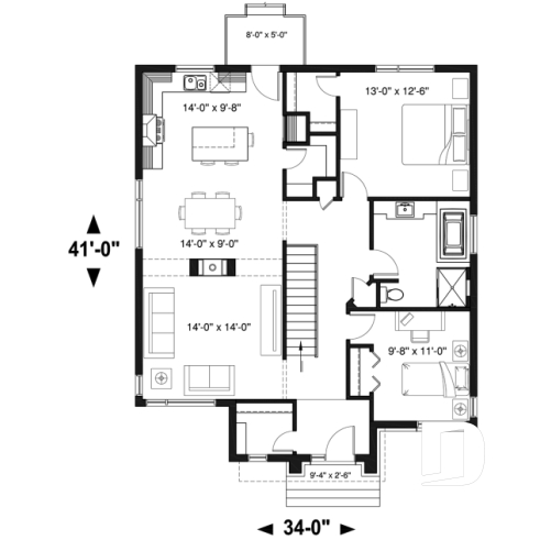 1st level - One-story modern style 2 bedroom home with central fireplace,kitchen with pantry and large central island  - Bernard