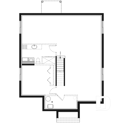 Basement - One-story modern style 2 bedroom home with central fireplace,kitchen with pantry and large central island  - Bernard