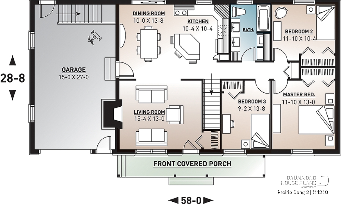 1st level - Affordable 3 bedroom bungalow house plan with kitchen island and garage - Prairie Song 2
