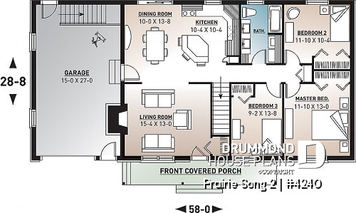 1st level - Affordable 3 bedroom bungalow house plan with kitchen island and garage - Prairie Song 2