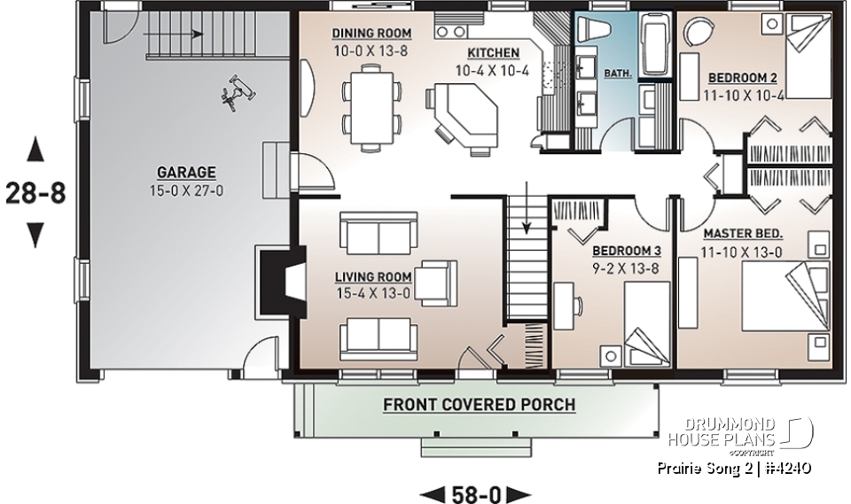 1st level - Affordable 3 bedroom bungalow house plan with kitchen island and garage - Prairie Song 2