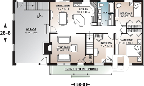 1st level - Affordable 3 bedroom bungalow house plan with kitchen island and garage - Prairie Song 2