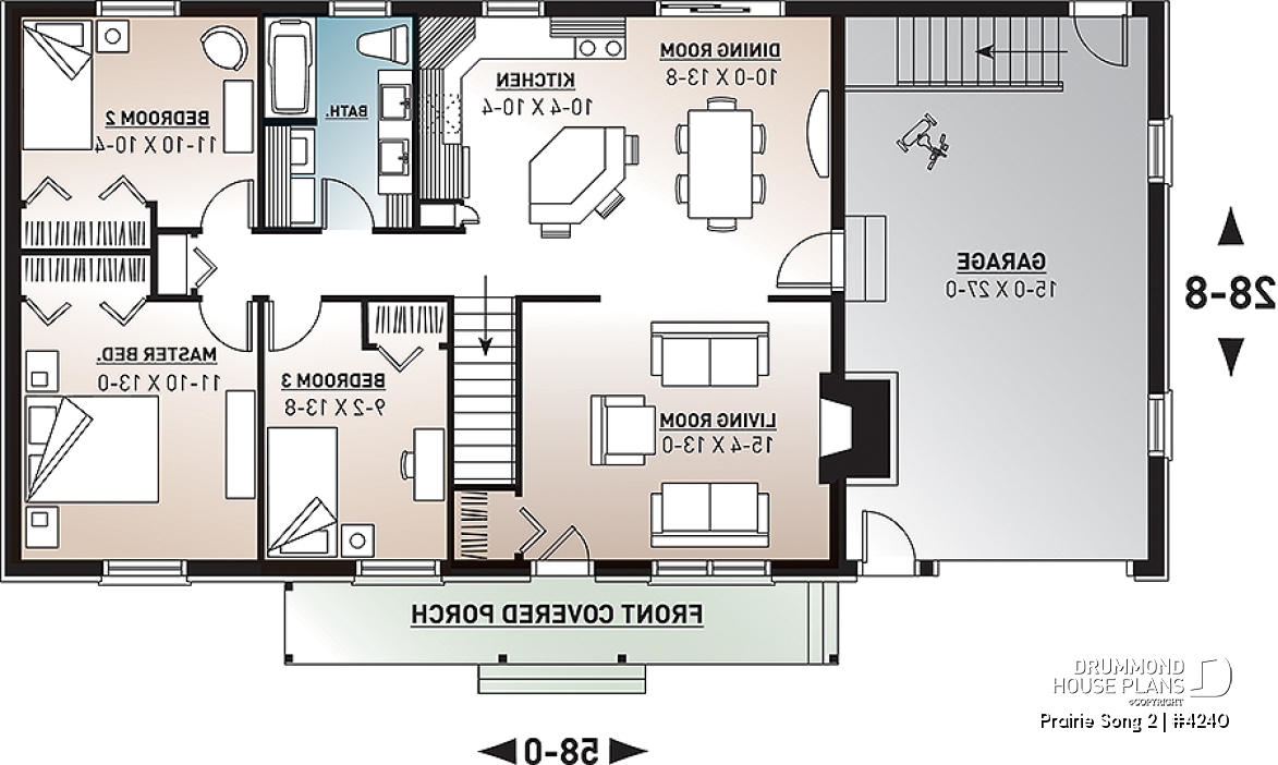 1st level - Affordable 3 bedroom bungalow house plan with kitchen island and garage - Prairie Song 2