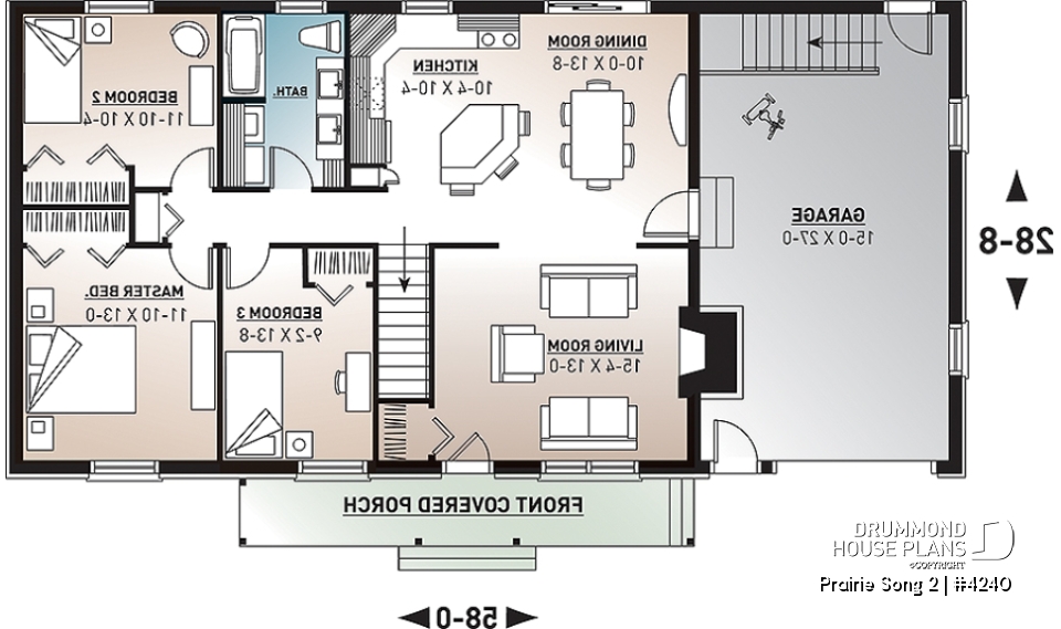 1st level - Affordable 3 bedroom bungalow house plan with kitchen island and garage - Prairie Song 2