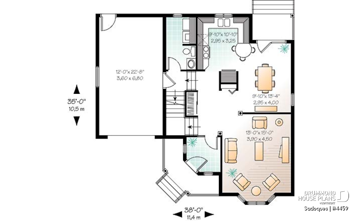 1st level - Victorian inspired cottage house plan with 3 bedrooms, garage - Sadoques