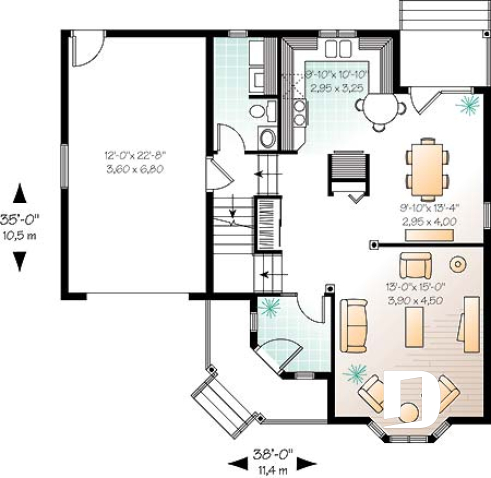 1st level - Victorian inspired cottage house plan with 3 bedrooms, garage - Sadoques