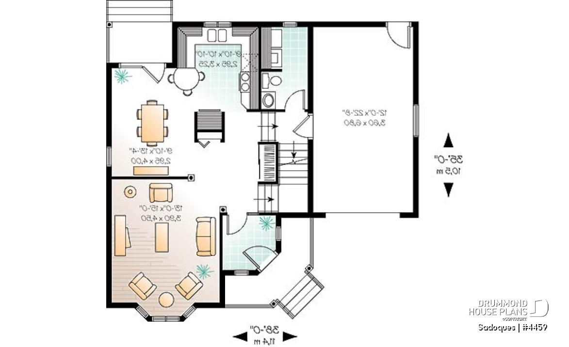 1st level - Victorian inspired cottage house plan with 3 bedrooms, garage - Sadoques