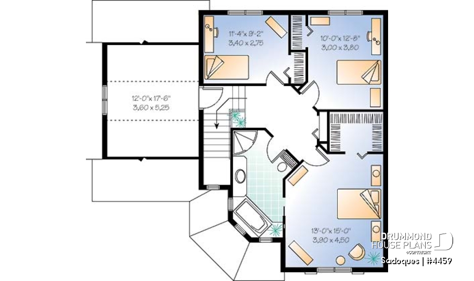 2nd level - Victorian inspired cottage house plan with 3 bedrooms, garage - Sadoques