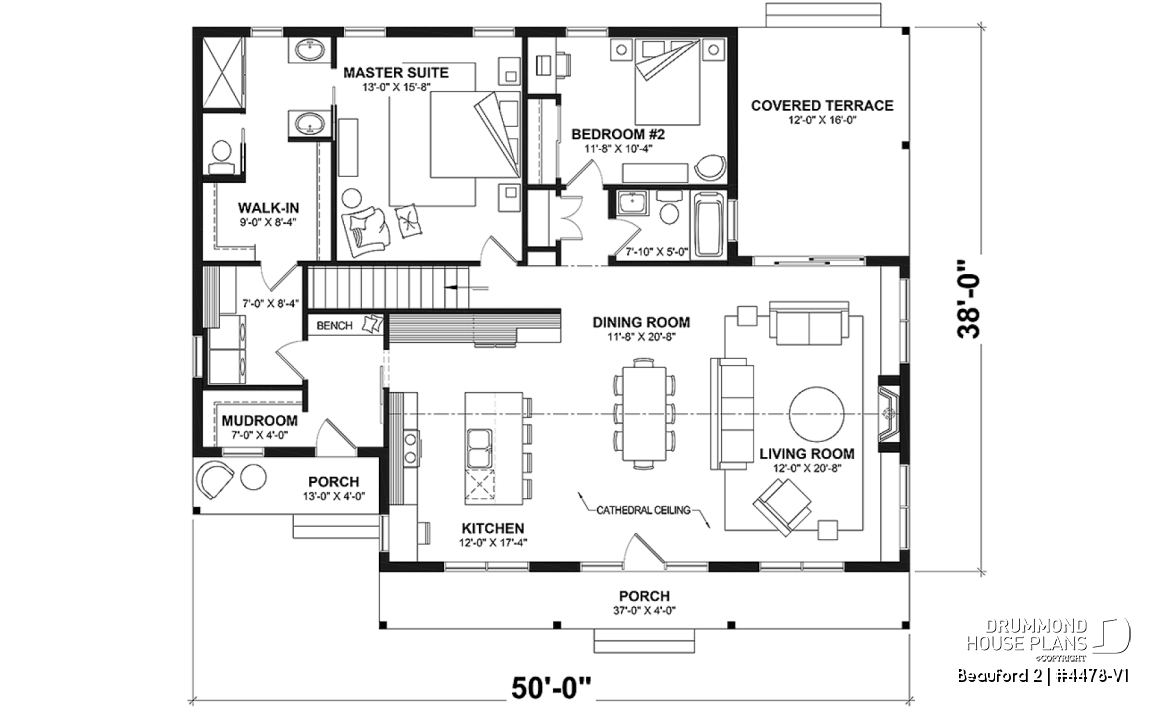 1st level - Farmhouse Bungalow Plan with Cathedral Ceiling and Covered Terrace - Beauford 2