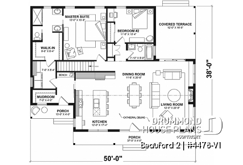 1st level - 2 bedrooms, 2 bathrooms, economical modern ranch style house plan with covered rear balcony, open space - Beauford 2