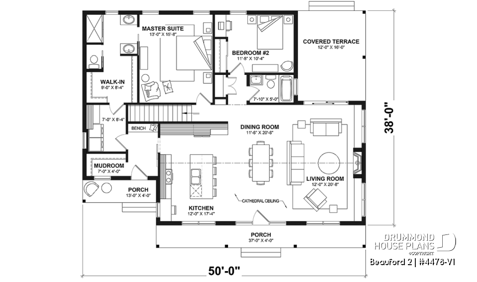 1st level - Farmhouse Bungalow Plan with Cathedral Ceiling and Covered Terrace - Beauford 2