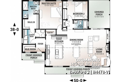 1st level option 1 - 2 bedrooms, 2 bathrooms, economical modern ranch style house plan with covered rear balcony, open space - Beauford 2