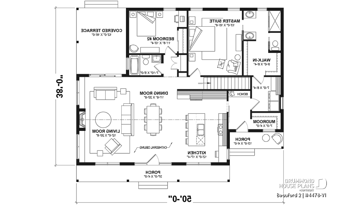 1st level - Farmhouse Bungalow Plan with Cathedral Ceiling and Covered Terrace - Beauford 2