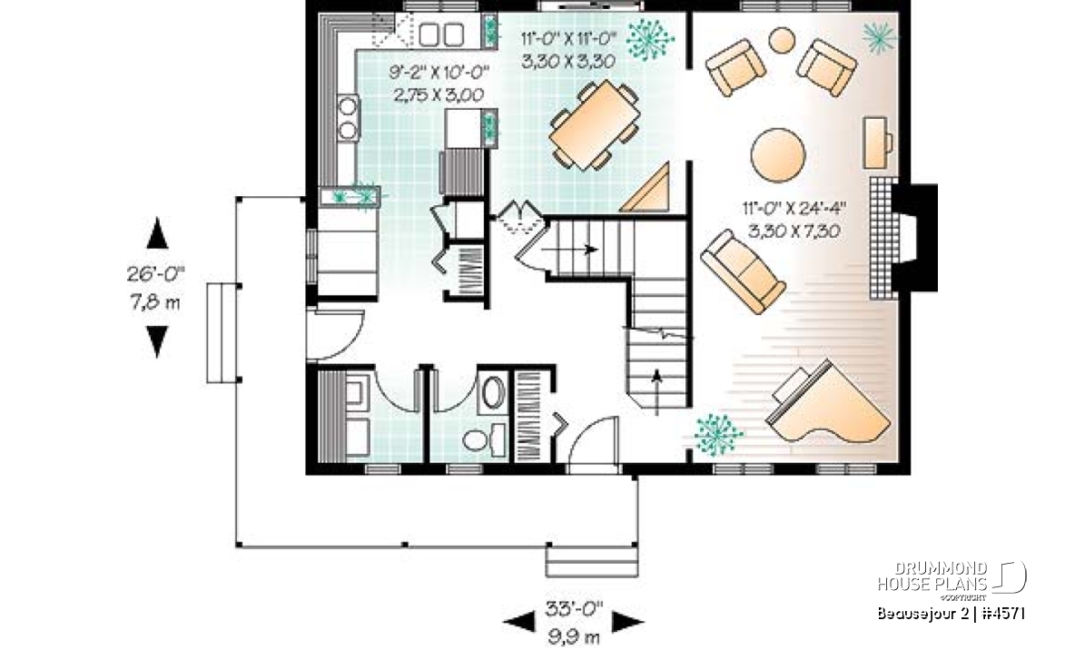 1st level - Scandinavian style house plan, 3 bedrooms, kitchen booth, economical home to build, covered porches - Beausejour 2