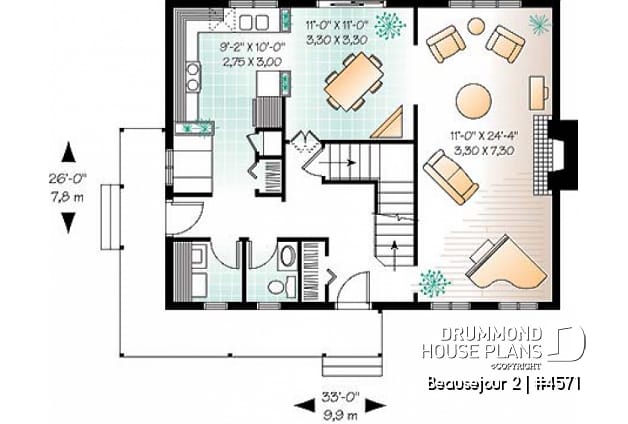 1st level - Scandinavian style house plan, 3 bedrooms, kitchen booth, economical home to build, covered porches - Beausejour 2