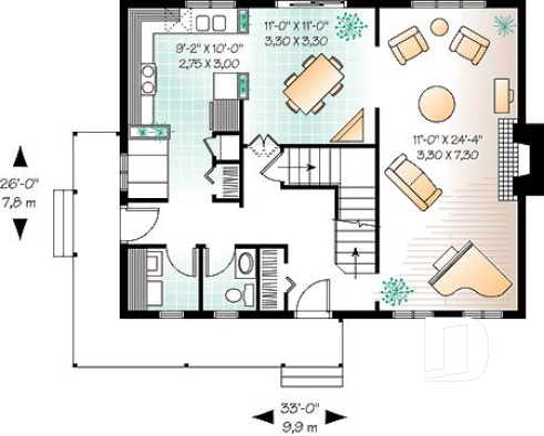 1st level - Scandinavian style house plan, 3 bedrooms, kitchen booth, economical home to build, covered porches - Beausejour 2