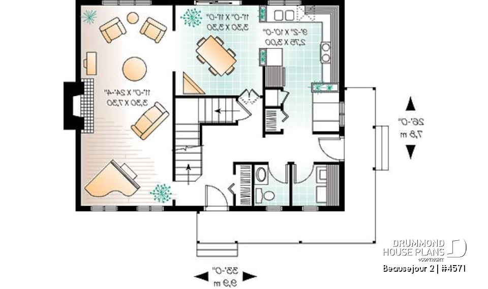 1st level - Scandinavian style house plan, 3 bedrooms, kitchen booth, economical home to build, covered porches - Beausejour 2