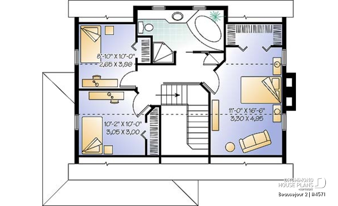 2nd level - Scandinavian style house plan, 3 bedrooms, kitchen booth, economical home to build, covered porches - Beausejour 2