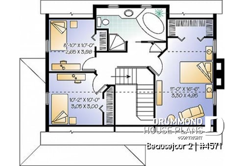2nd level - Scandinavian style house plan, 3 bedrooms, kitchen booth, economical home to build, covered porches - Beausejour 2
