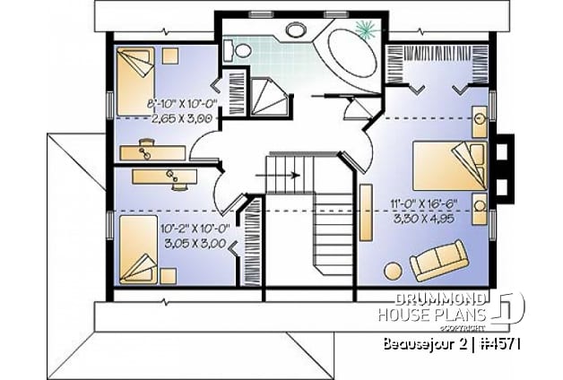 2nd level - Scandinavian style house plan, 3 bedrooms, kitchen booth, economical home to build, covered porches - Beausejour 2