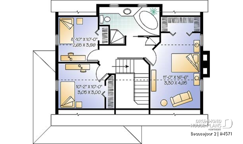 2nd level - Scandinavian style house plan, 3 bedrooms, kitchen booth, economical home to build, covered porches - Beausejour 2