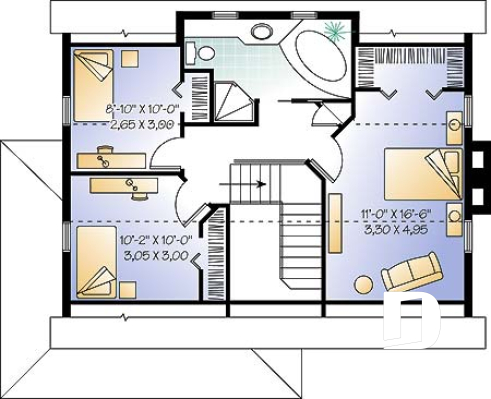 2nd level - Scandinavian style house plan, 3 bedrooms, kitchen booth, economical home to build, covered porches - Beausejour 2