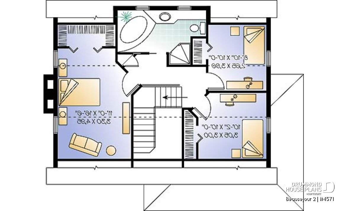 2nd level - Scandinavian style house plan, 3 bedrooms, kitchen booth, economical home to build, covered porches - Beausejour 2